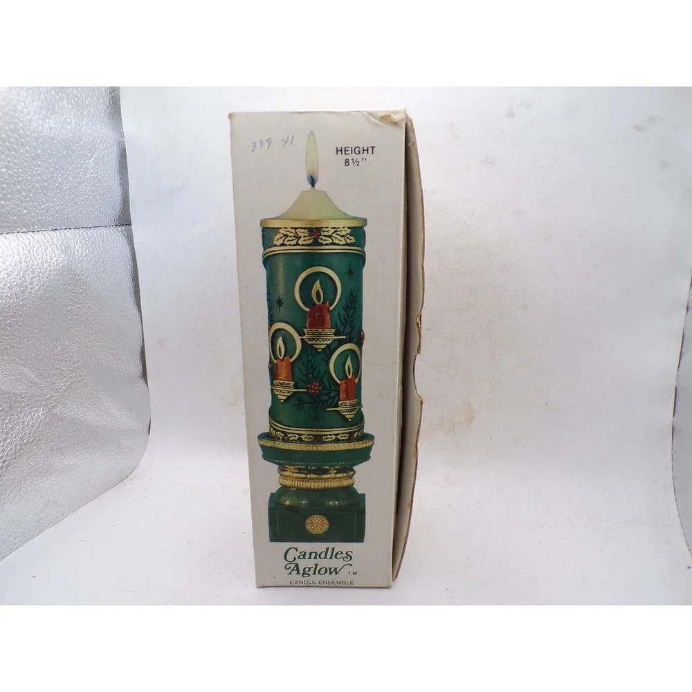Vintage Candles Aglow Christmas Candle Ensemble Green Gold Holly 8.5 Inch Pillar